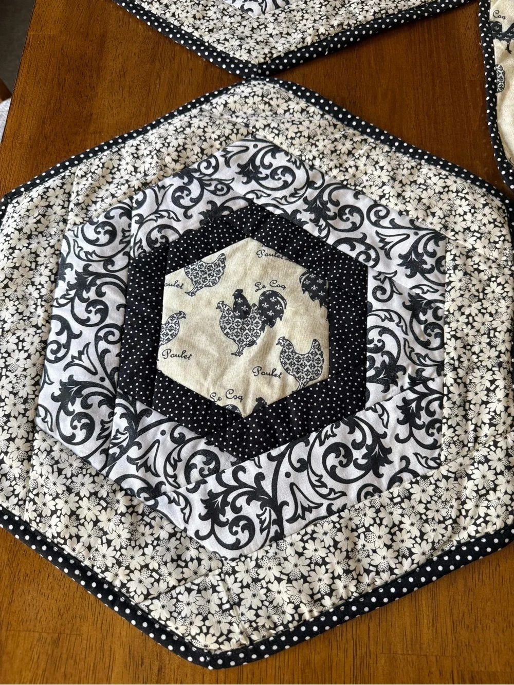 Vintage black white Quilted Chicken Print fabric Table place Mats (set of 3)